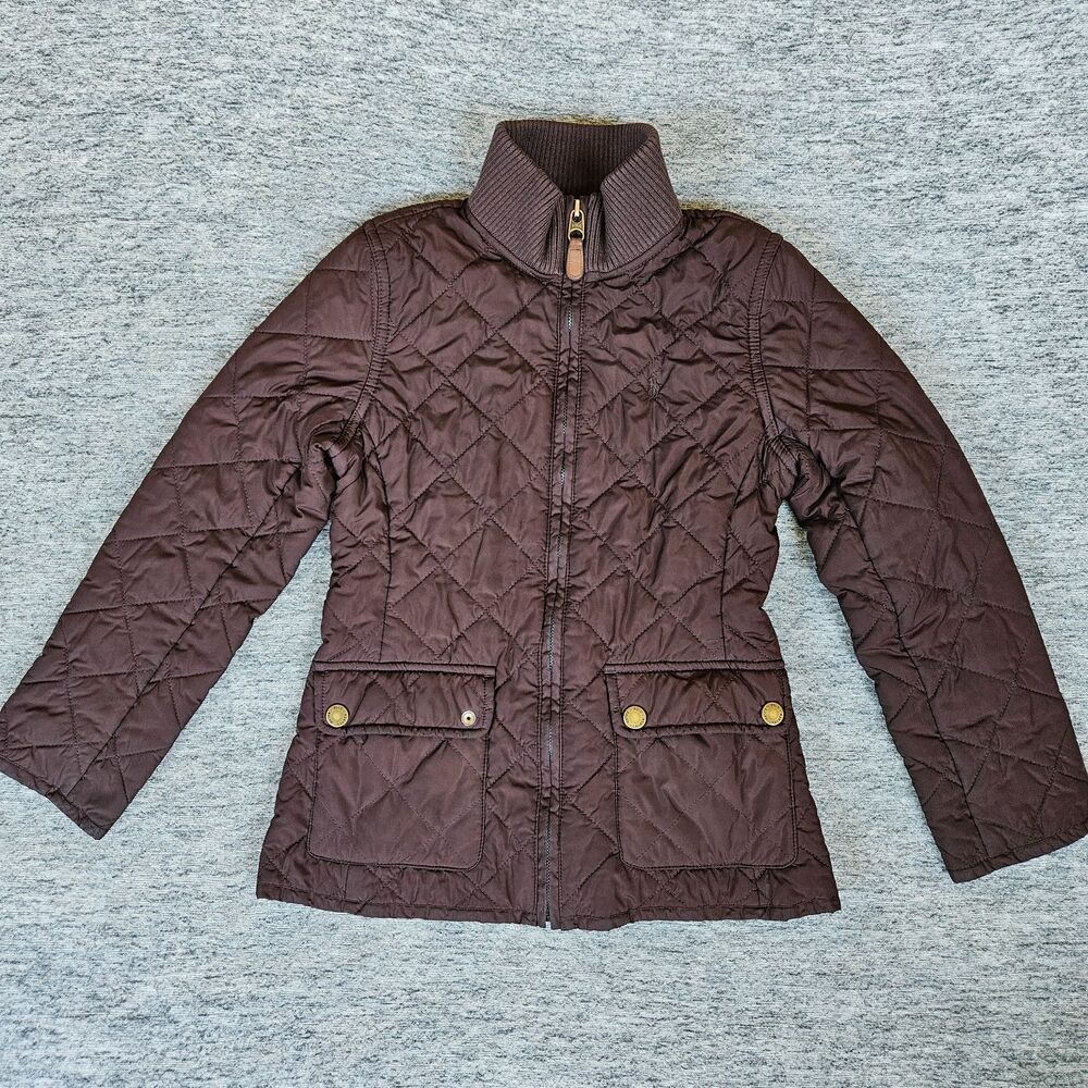 Polo Ralph Lauren Quilted Barn Jacket Girls Brown Medium 8/10 Mock Neck Preppy